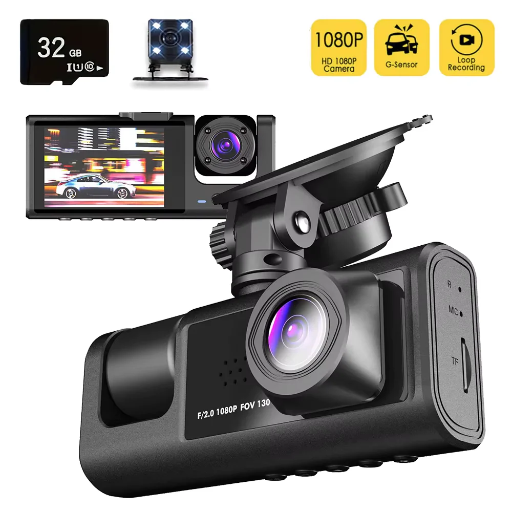1080P 3-Channel Dashcam with IR Night Vision | Front & Rear DVR + 32GB Card