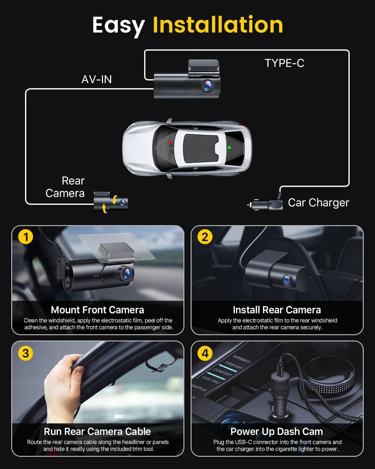4K Front & Rear Dashcam – Dual Camera with WiFi, Night Vision & Parking Mode - Image 3