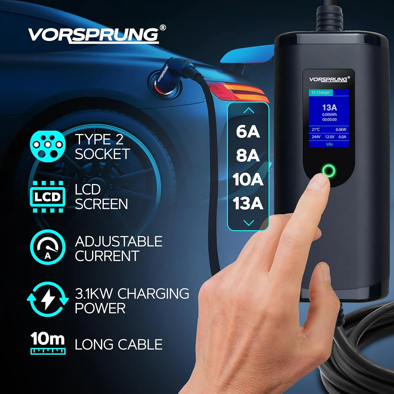 VORSPRUNG® Portable EV Charger | Type 2, 5m / 8m / 10m Cable, Digital Screen, 6–13A Adjustable - Image 3