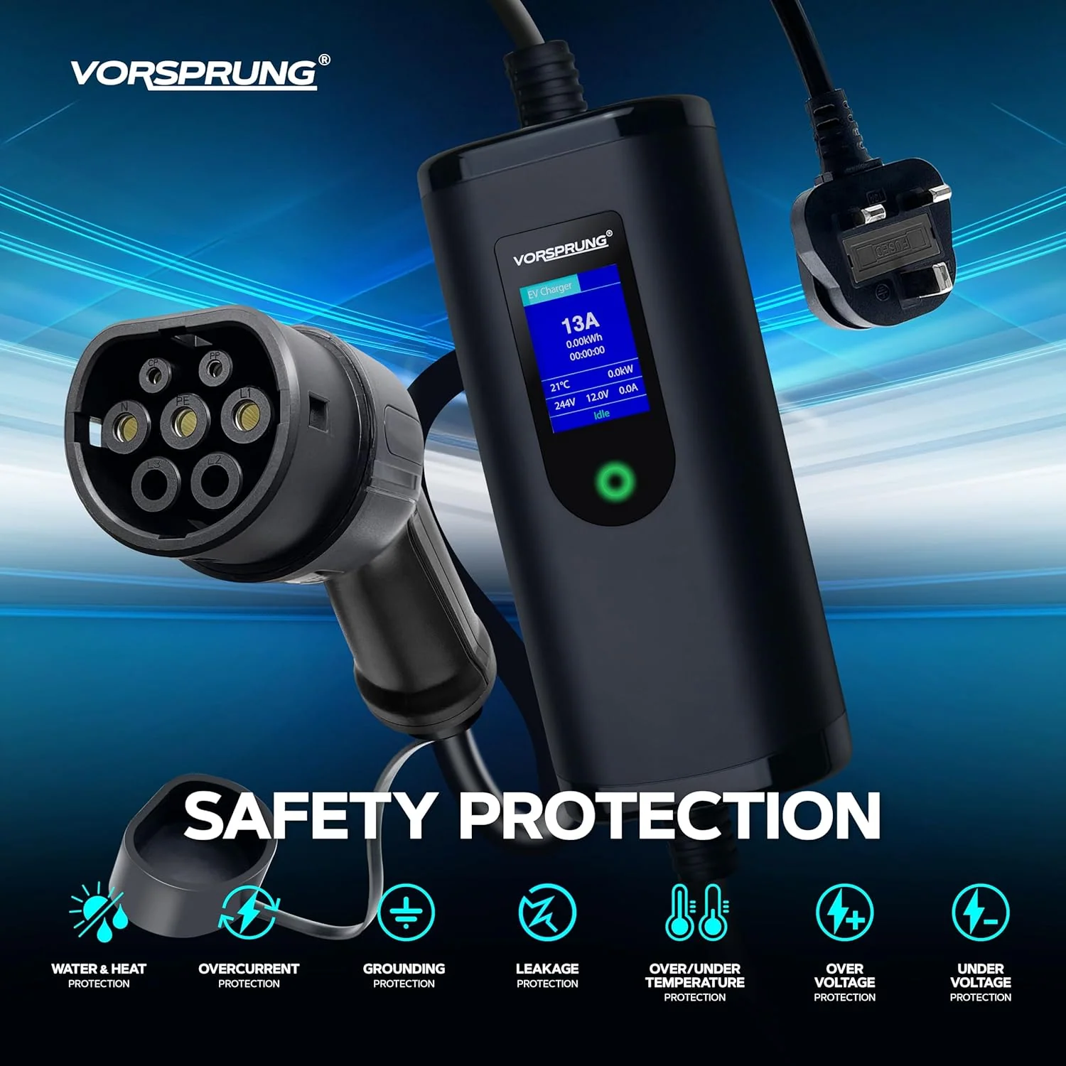 VORSPRUNG® Portable EV Charger | Type 2, 5m / 8m / 10m Cable, Digital Screen, 6–13A Adjustable - Image 5
